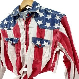 VTG Keren Hart Womens Small American Flag Cropped Tie Front Denim Shirt Red